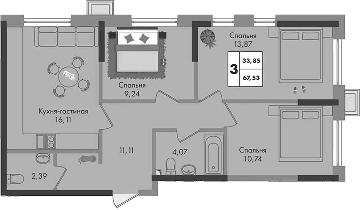 Продается 3-комн. квартира, 67.53 м²