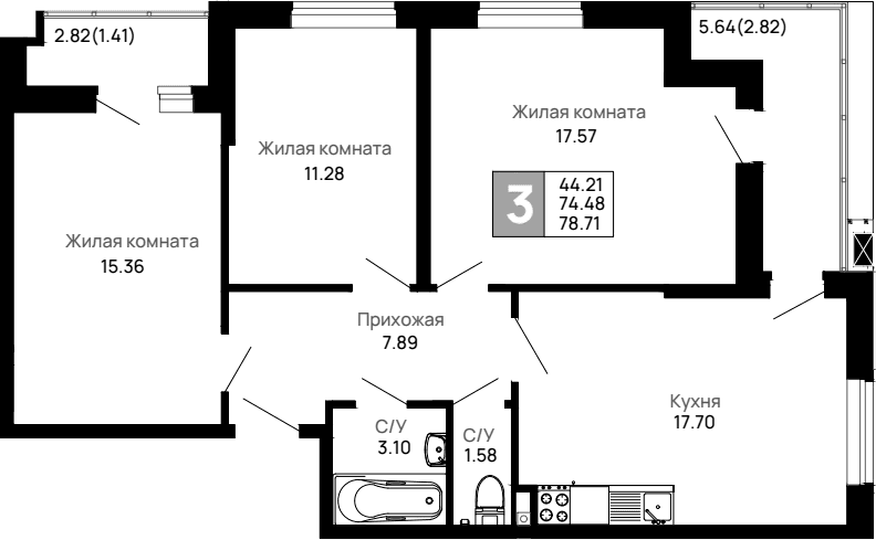 Продается 3-комн. квартира, 74.48 м²
