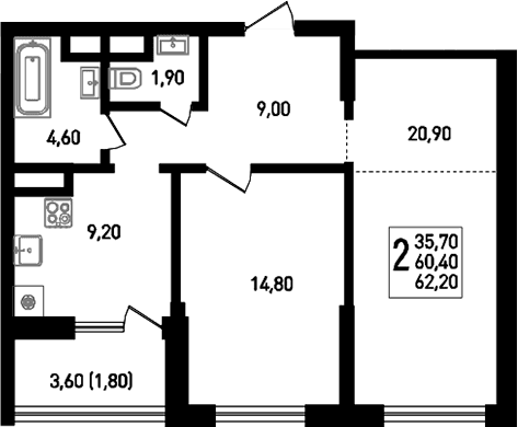 Продается 2-комн. квартира, 61.2 м²