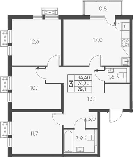 Продается 3-комн. квартира, 76.17 м²