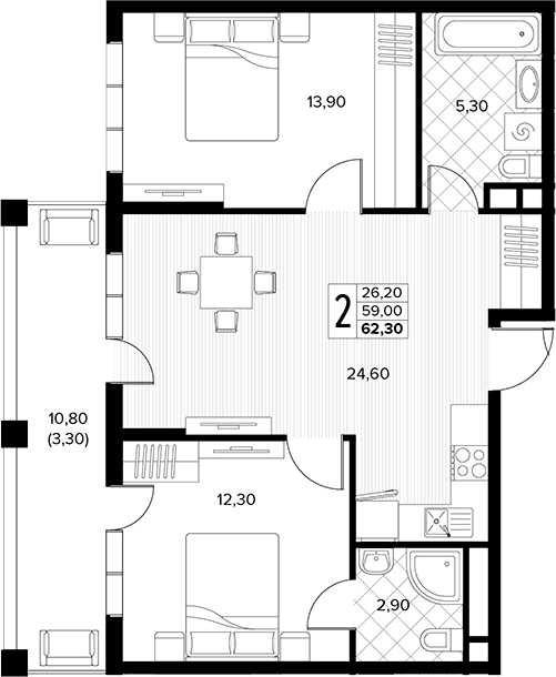 Продается 2-комн. квартира, 59 м²