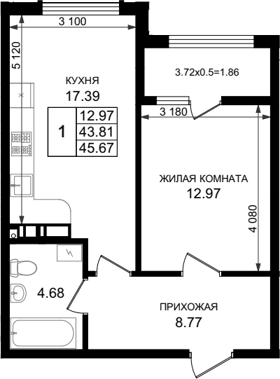 Продается 1-комн. квартира, 43.81 м²