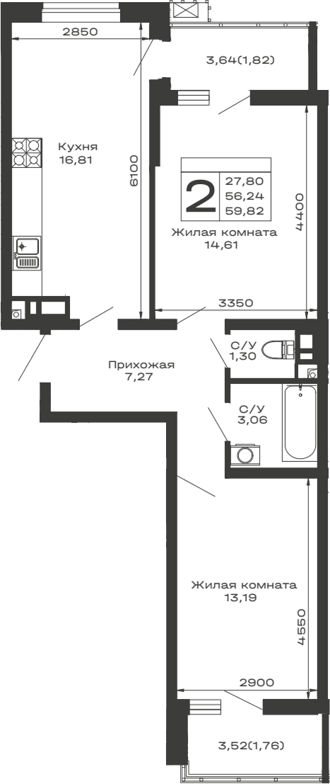 Продается 2-комн. квартира, 56.24 м²