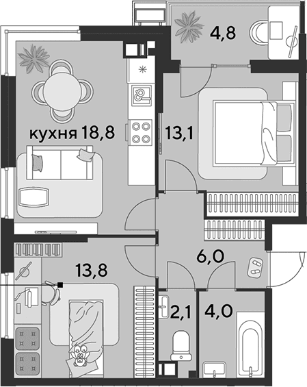 Продается 3-комн. квартира, 57.8 м²