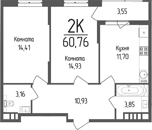 Продается 2-комн. квартира, 58.98 м²