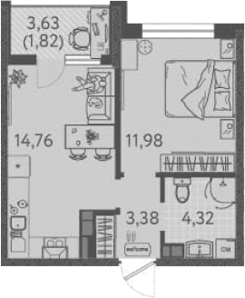 Продается 1-комн. квартира, 34.44 м²