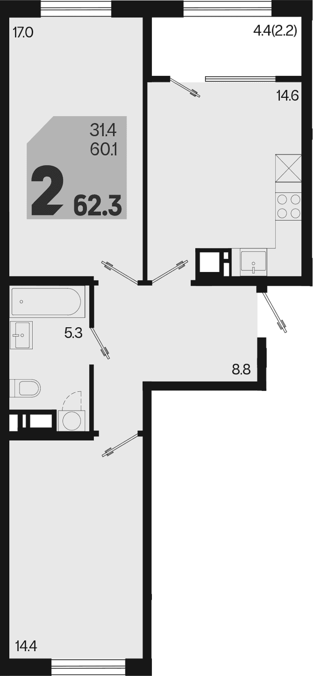 Продается 2-комн. квартира, 60.1 м²