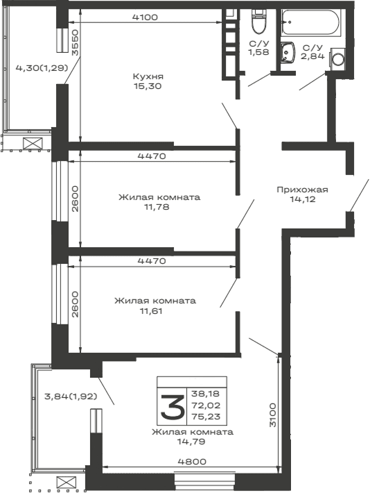 Продается 3-комн. квартира, 72.02 м²
