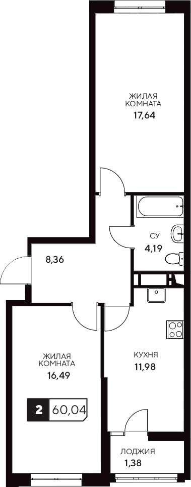 Продается 2-комн. квартира, 58.66 м²