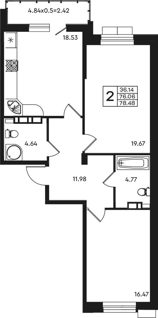 Продается 2-комн. квартира, 76.06 м²