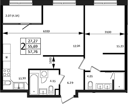Продается 2-комн. квартира, 55.69 м²