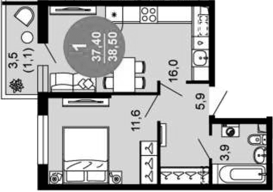 Продается 2-комн. квартира, 37.4 м²