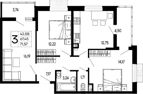 Продается 3-комн. квартира, 67.45 м²
