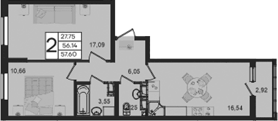 Продается 2-комн. квартира, 56.14 м²