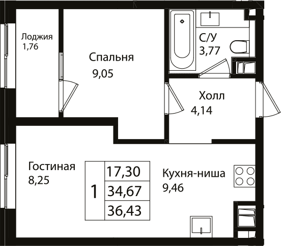 Продается 2-комн. квартира, 34.45 м²