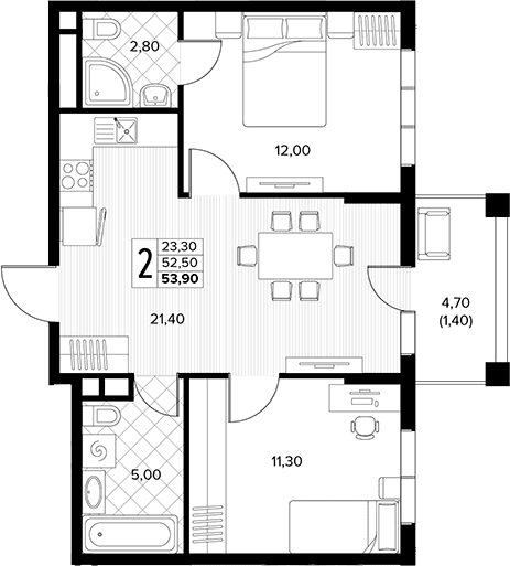 Продается 2-комн. квартира, 52.5 м²