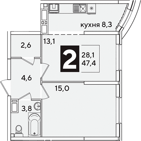 Продается 2-комн. квартира, 47.4 м²