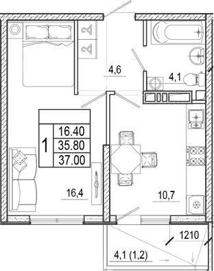 Продается 1-комн. квартира, 35.8 м²