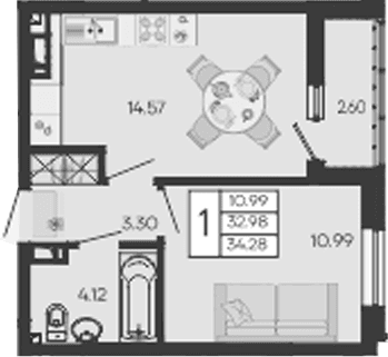 Продается 1-комн. квартира, 32.98 м²
