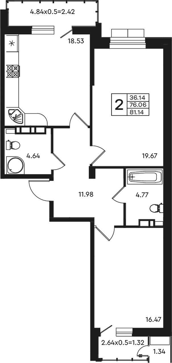 Продается 2-комн. квартира, 76.06 м²