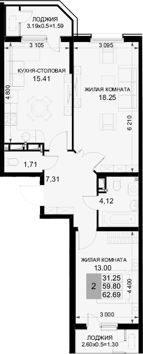 Продается 2-комн. квартира, 59.8 м²