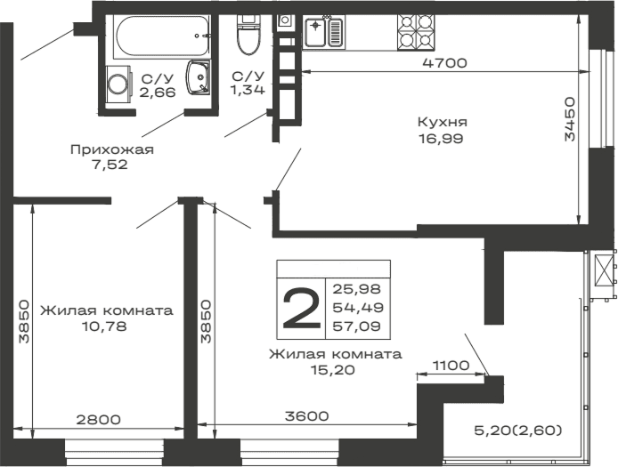 Продается 2-комн. квартира, 54.49 м²