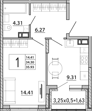 Продается 1-комн. квартира, 34.3 м²