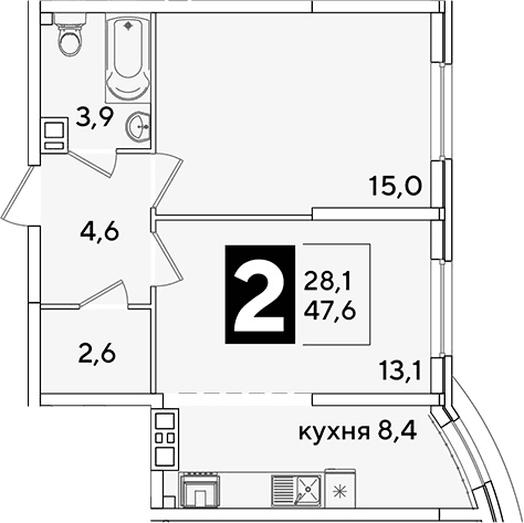 Продается 2-комн. квартира, 47.6 м²