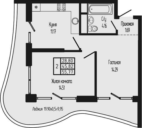 Продается 2-комн. квартира, 45.82 м²