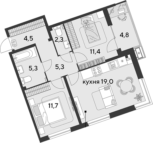 Продается 3-комн. квартира, 59.5 м²