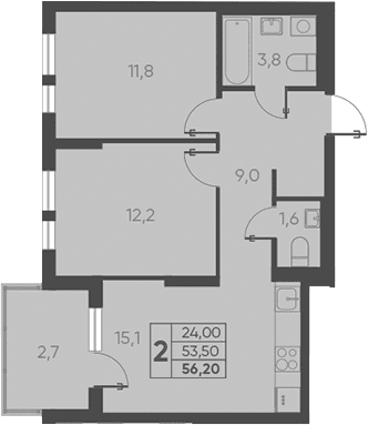 Продается 2-комн. квартира, 53.5 м²