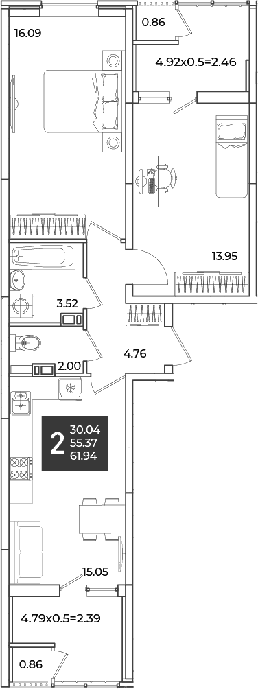 Продается 2-комн. квартира, 55.37 м²