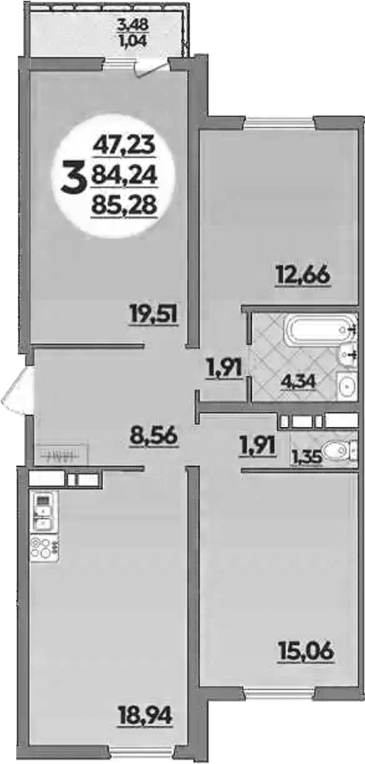 Продается 3-комн. квартира, 84.24 м²