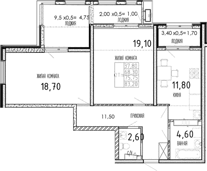 Продается 2-комн. квартира, 68.3 м²