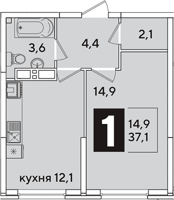 Продается 1-комн. квартира, 37.1 м²