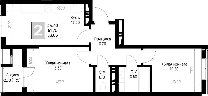 Продается 2-комн. квартира, 51.7 м²