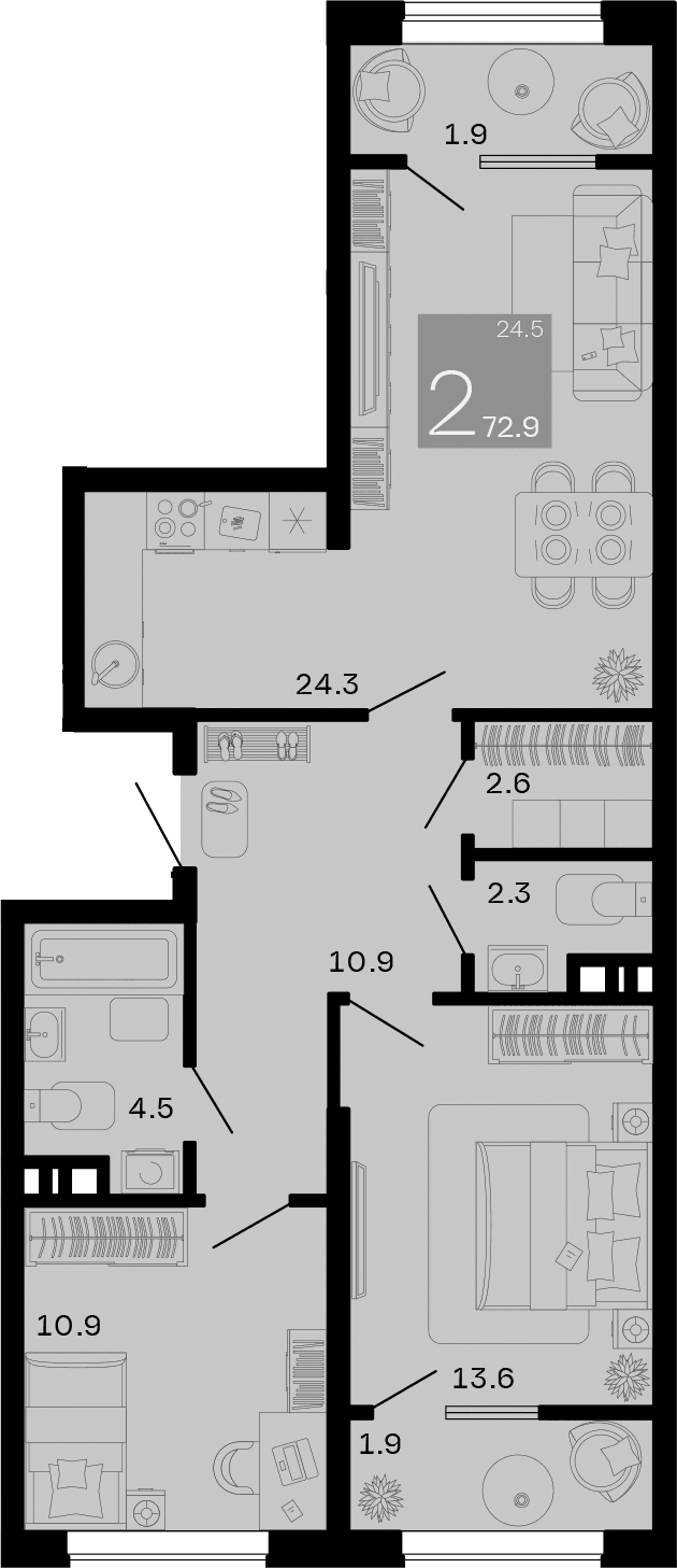 Продается 2-комн. квартира, 69.1 м²