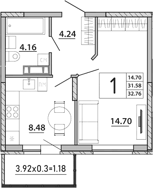 Продается 1-комн. квартира, 31.58 м²
