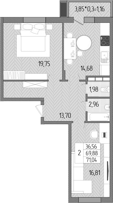 Продается 2-комн. квартира, 69.88 м²