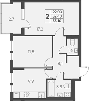 Продается 2-комн. квартира, 52.4 м²