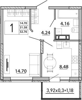 Продается 1-комн. квартира, 31.58 м²