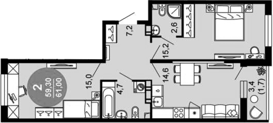 Продается 2-комн. квартира, 59.3 м²
