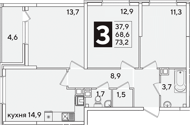 Продается 3-комн. квартира, 68.6 м²