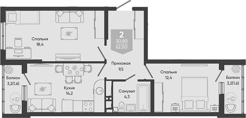 Продается 2-комн. квартира, 58.8 м²
