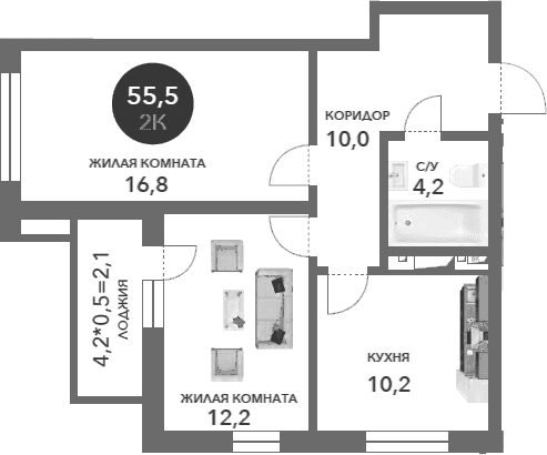 Продается 2-комн. квартира, 53.4 м²