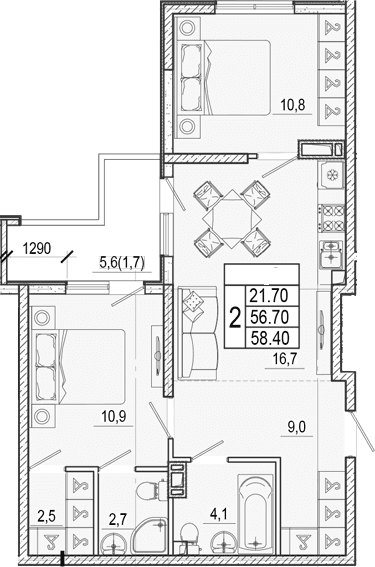 Продается 2-комн. квартира, 56.7 м²
