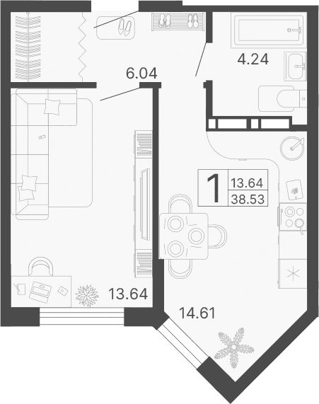 Продается 1-комн. квартира, 38.53 м²