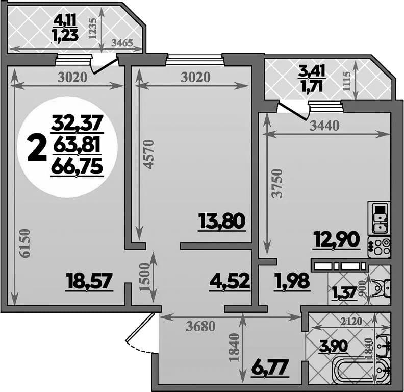 Продается 2-комн. квартира, 63.81 м²