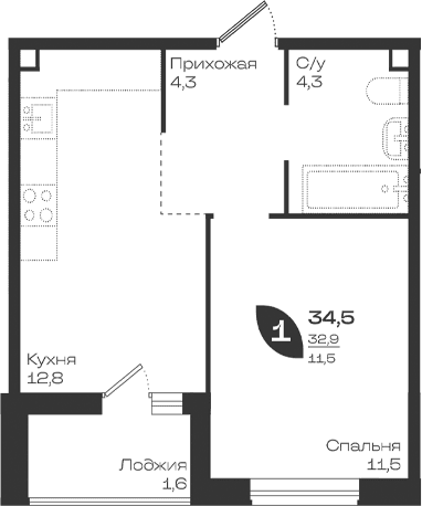 Продается 1-комн. квартира, 32.9 м²