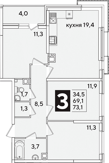 Продается 4-комн. квартира, 69.1 м²